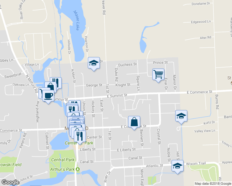 map of restaurants, bars, coffee shops, grocery stores, and more near 559 East Summit Street in Milford Charter Township