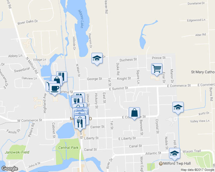 map of restaurants, bars, coffee shops, grocery stores, and more near 475 East Summit Street in Milford charter Township
