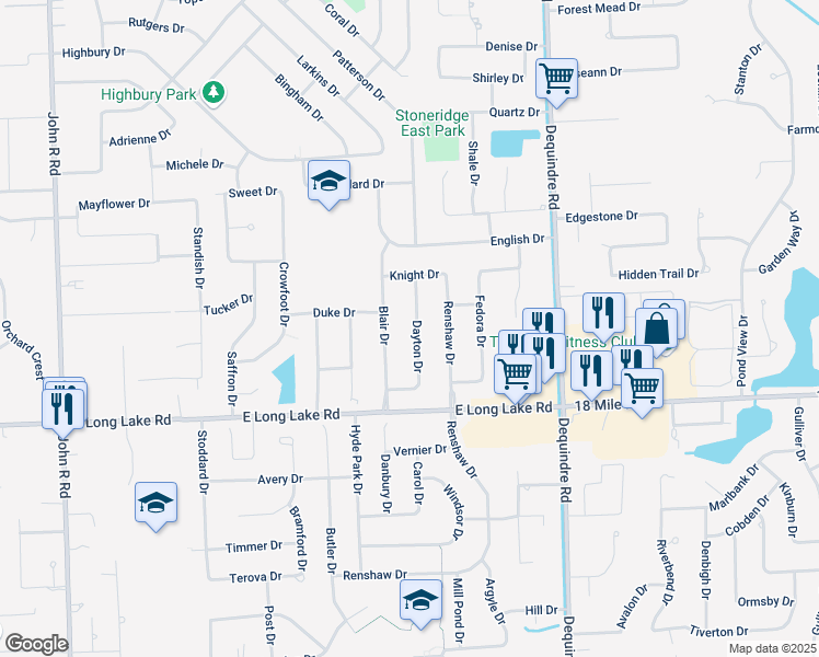 map of restaurants, bars, coffee shops, grocery stores, and more near 5174 Dayton Drive in Troy