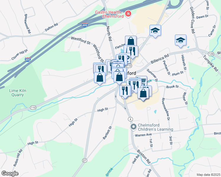 map of restaurants, bars, coffee shops, grocery stores, and more near 9 Acton Road in Chelmsford