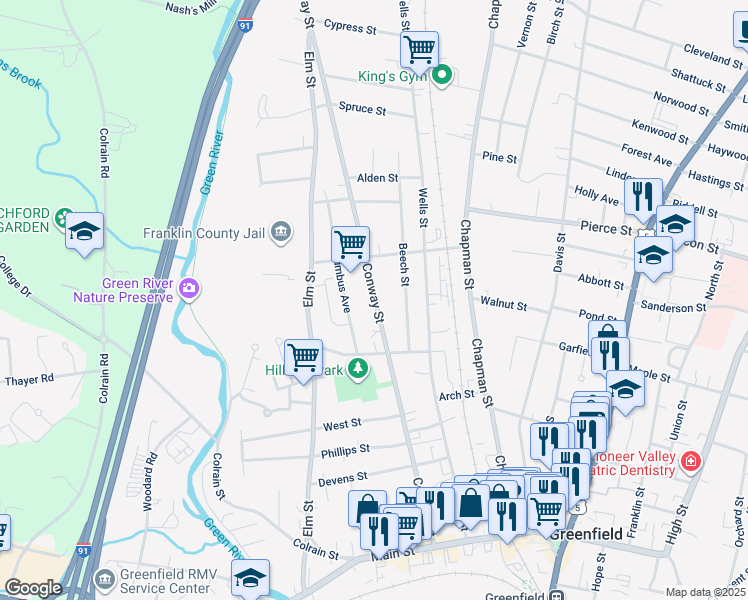 map of restaurants, bars, coffee shops, grocery stores, and more near 192-194 Conway Street in Greenfield