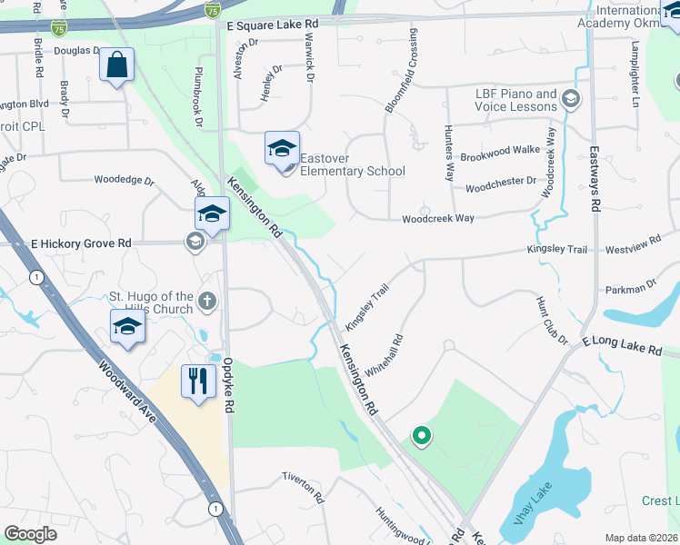 map of restaurants, bars, coffee shops, grocery stores, and more near 2463 Hunters Pond in Bloomfield Hills