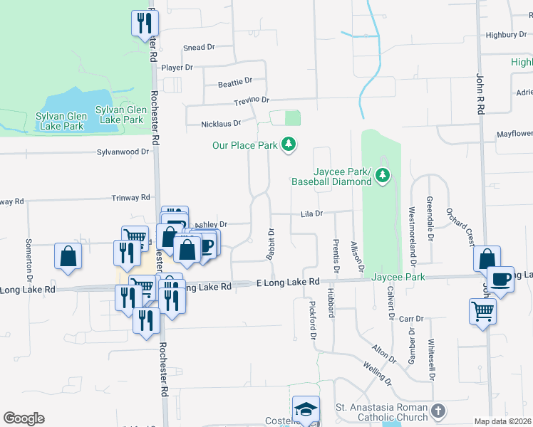 map of restaurants, bars, coffee shops, grocery stores, and more near 5201 Babbit Dr in Troy