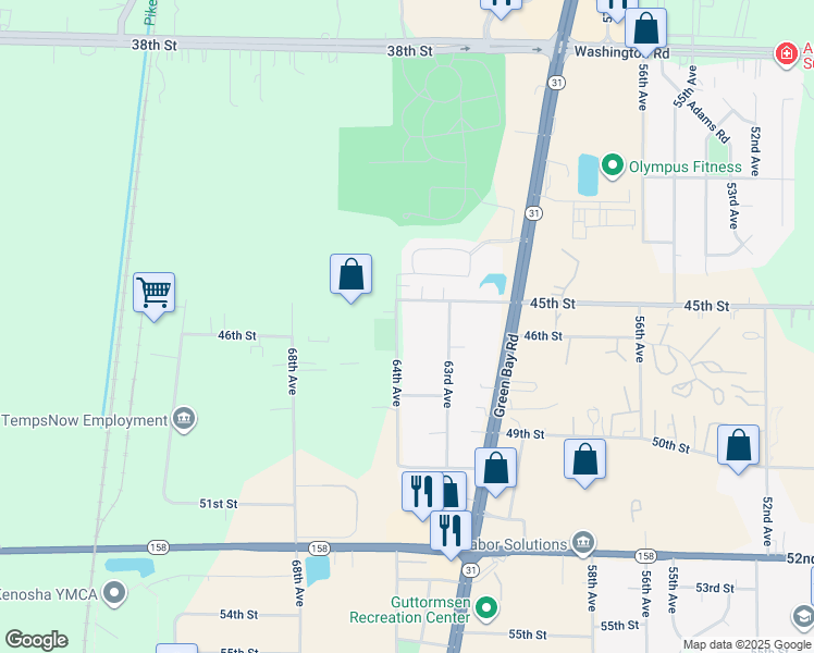map of restaurants, bars, coffee shops, grocery stores, and more near 4511 64th Avenue in Kenosha