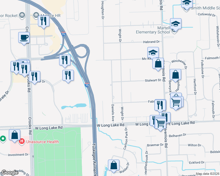 map of restaurants, bars, coffee shops, grocery stores, and more near 5275 Daniels Avenue in Troy