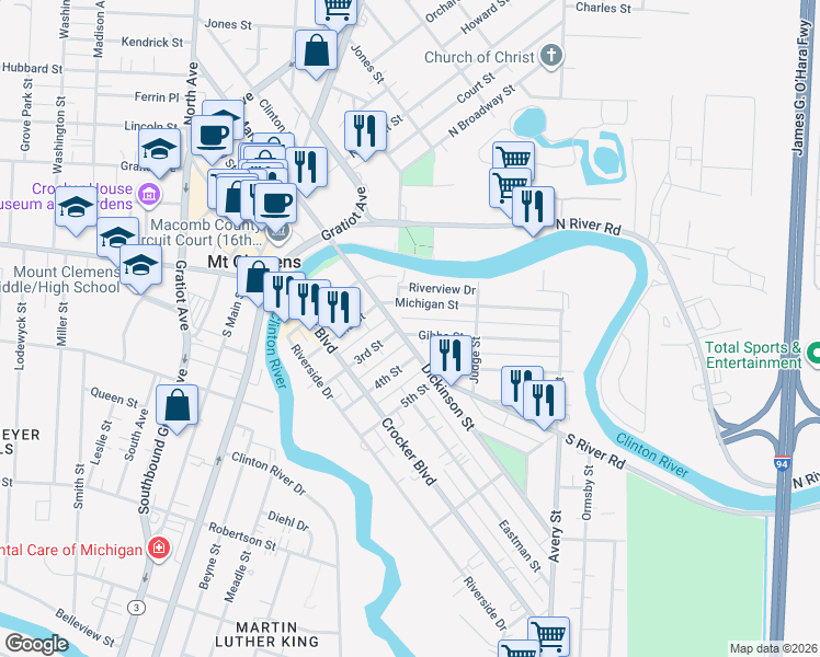 map of restaurants, bars, coffee shops, grocery stores, and more near 87 Dickinson Street in Mount Clemens