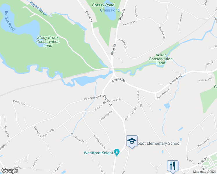 map of restaurants, bars, coffee shops, grocery stores, and more near 59 Depot Street in Westford