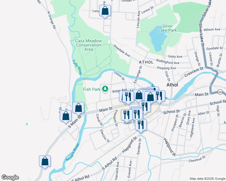 map of restaurants, bars, coffee shops, grocery stores, and more near 141 Union Street in Athol
