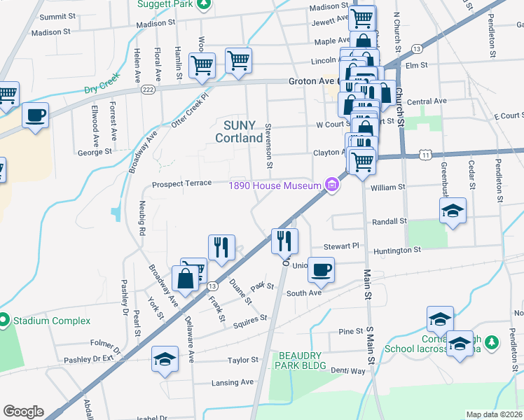 map of restaurants, bars, coffee shops, grocery stores, and more near 17 James St in Cortland