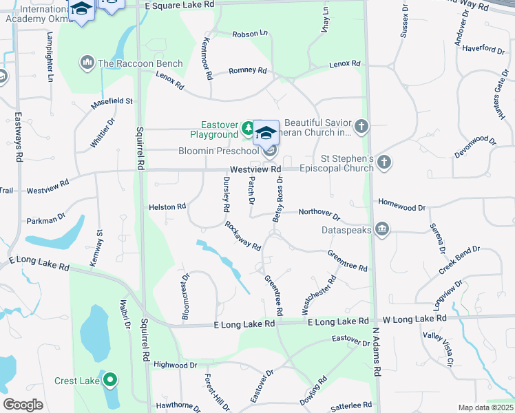 map of restaurants, bars, coffee shops, grocery stores, and more near 3075 Patch Drive in Bloomfield Hills