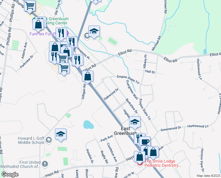 map of restaurants, bars, coffee shops, grocery stores, and more near 11 Highland Drive in East Greenbush