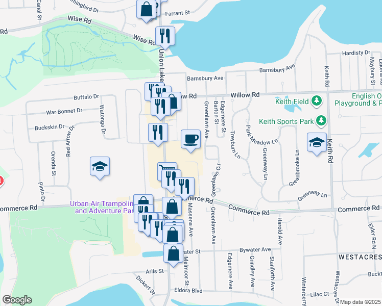 map of restaurants, bars, coffee shops, grocery stores, and more near 2733 Union Lake Road in Commerce Charter Township