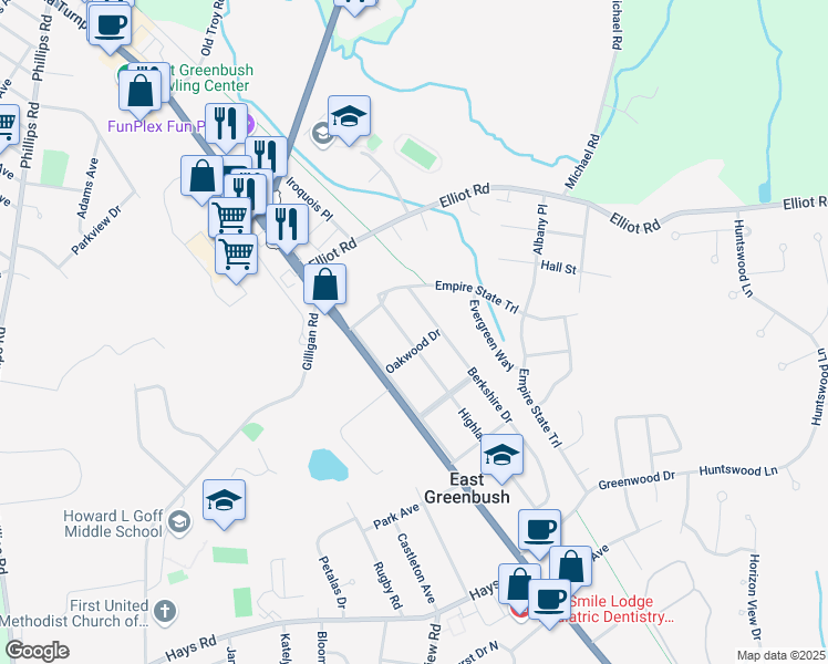 map of restaurants, bars, coffee shops, grocery stores, and more near 11 Highland Drive in East Greenbush