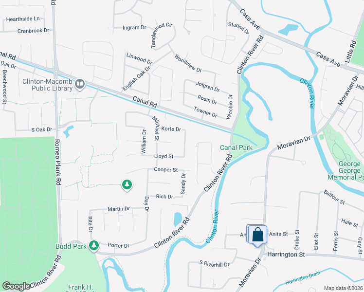 map of restaurants, bars, coffee shops, grocery stores, and more near 19638 Larry Court in Clinton Township