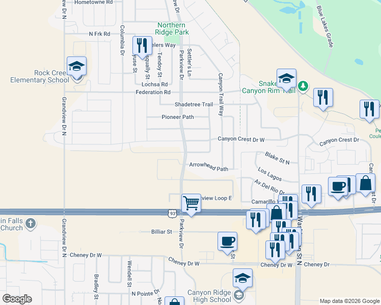 map of restaurants, bars, coffee shops, grocery stores, and more near 482 Falling Leaf in Twin Falls