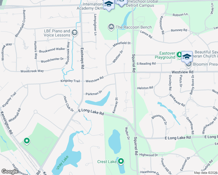 map of restaurants, bars, coffee shops, grocery stores, and more near 736 Parkman Drive in Bloomfield Hills