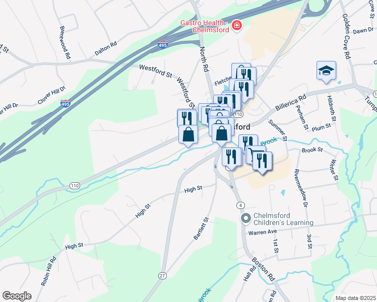 map of restaurants, bars, coffee shops, grocery stores, and more near 14 Littleton Road in Chelmsford