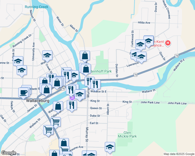 map of restaurants, bars, coffee shops, grocery stores, and more near 40 Mary Street in Wallaceburg