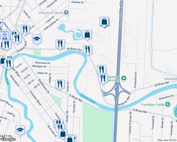 map of restaurants, bars, coffee shops, grocery stores, and more near 4011 Riverview Circle in Mount Clemens