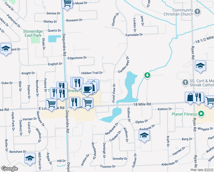 map of restaurants, bars, coffee shops, grocery stores, and more near 41255 Pond View Drive in Sterling Heights
