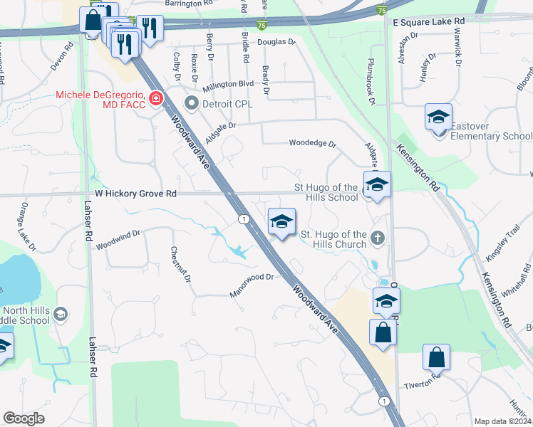 map of restaurants, bars, coffee shops, grocery stores, and more near 118 East Hickory Grove Road in Bloomfield Hills