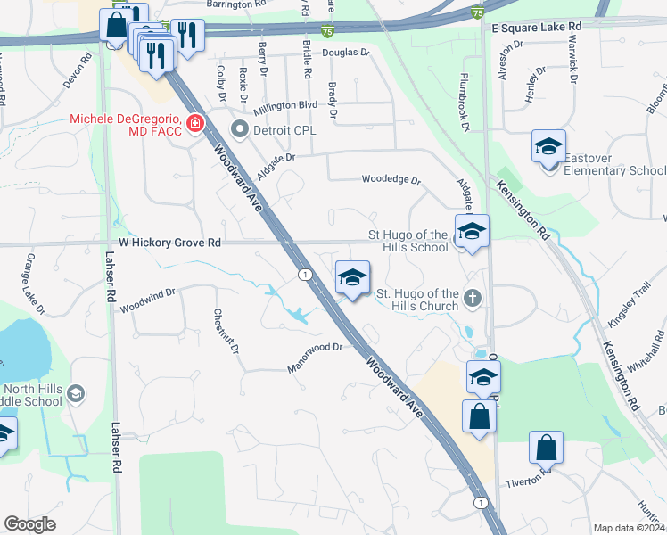 map of restaurants, bars, coffee shops, grocery stores, and more near 146 East Hickory Grove Road in Bloomfield Hills