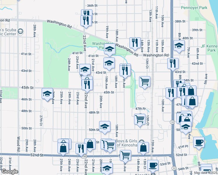 map of restaurants, bars, coffee shops, grocery stores, and more near 4417 19th Avenue in Kenosha