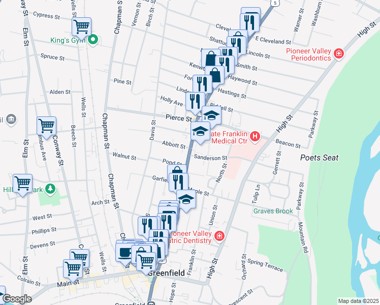 map of restaurants, bars, coffee shops, grocery stores, and more near 195 Federal Street in Greenfield