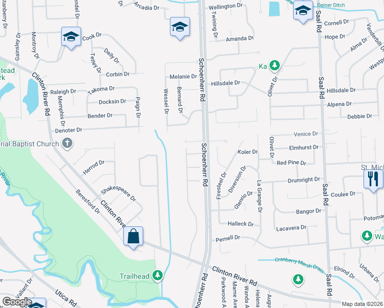 map of restaurants, bars, coffee shops, grocery stores, and more near 13585 Trotters Lane in Sterling Heights