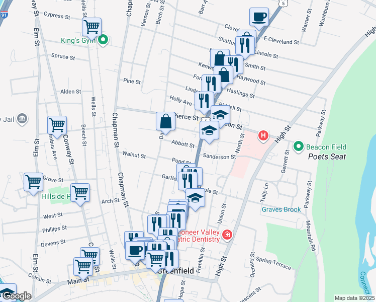 map of restaurants, bars, coffee shops, grocery stores, and more near 12 Abbott Street in Greenfield