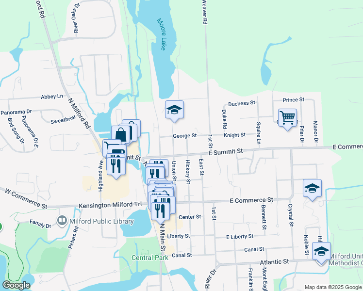map of restaurants, bars, coffee shops, grocery stores, and more near 716 Union Street in Milford Charter Township