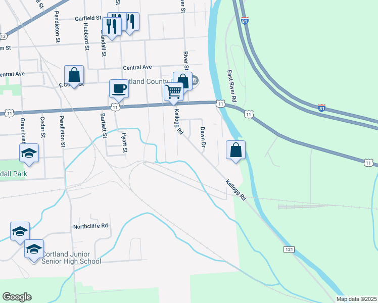 map of restaurants, bars, coffee shops, grocery stores, and more near 24 Kellogg Road in Cortland