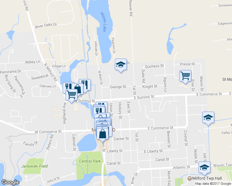 map of restaurants, bars, coffee shops, grocery stores, and more near 716 Union Street in Milford Charter Township
