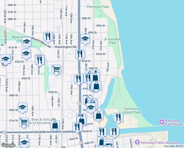 map of restaurants, bars, coffee shops, grocery stores, and more near 4424 7th Avenue in Kenosha