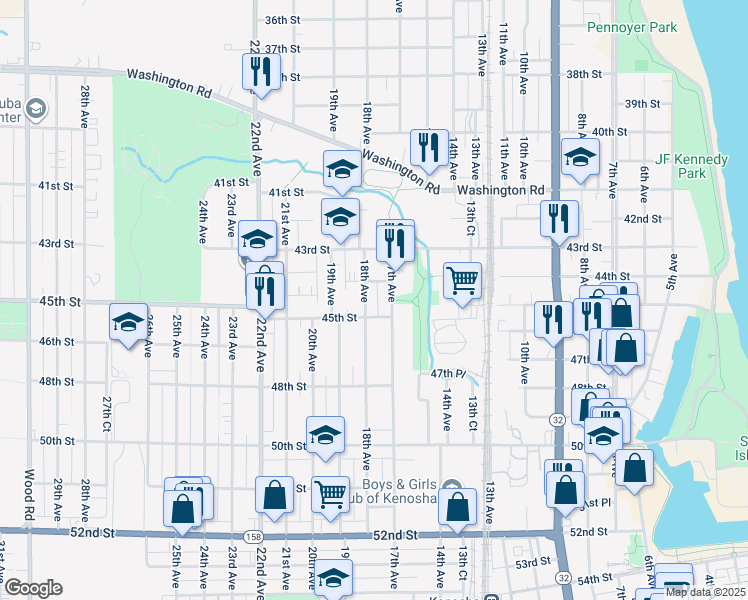 map of restaurants, bars, coffee shops, grocery stores, and more near 4419 18th Ave in Kenosha