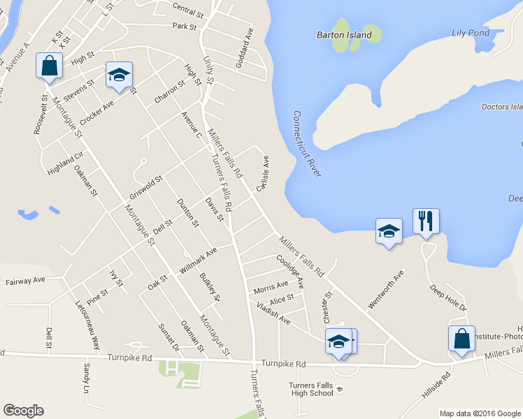 map of restaurants, bars, coffee shops, grocery stores, and more near 65 Millers Falls Road in Montague