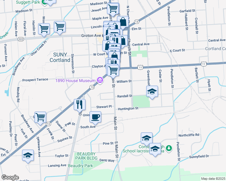 map of restaurants, bars, coffee shops, grocery stores, and more near 150 Main Street in Cortland