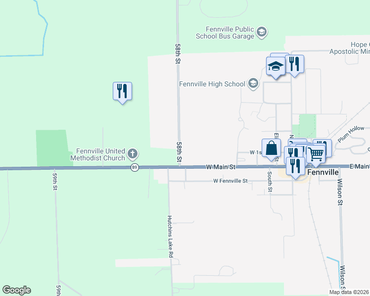 map of restaurants, bars, coffee shops, grocery stores, and more near 2419 South 58th Street in Fennville