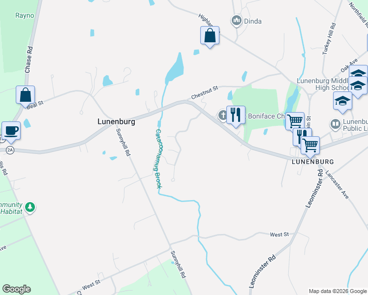 map of restaurants, bars, coffee shops, grocery stores, and more near 35 Riley Road in Lunenburg