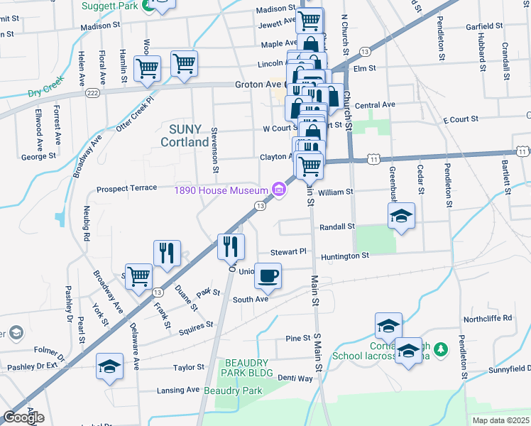 map of restaurants, bars, coffee shops, grocery stores, and more near 45 Tompkins Street in Cortland