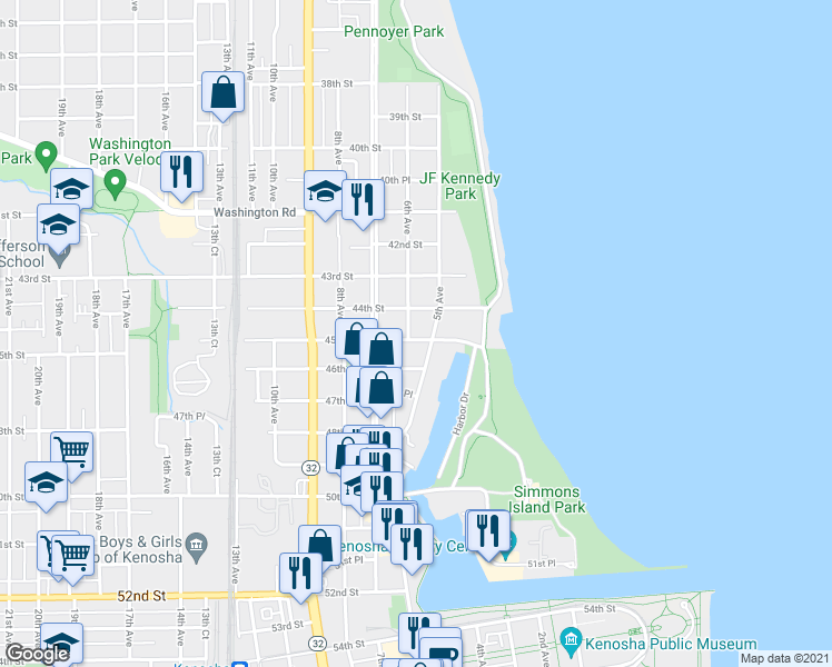 map of restaurants, bars, coffee shops, grocery stores, and more near 4425 6th Avenue in Kenosha