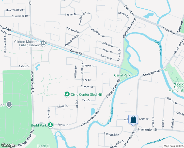 map of restaurants, bars, coffee shops, grocery stores, and more near 19638 Larry Court in Clinton Township
