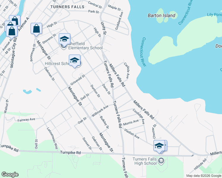 map of restaurants, bars, coffee shops, grocery stores, and more near 34 Turners Falls Road in Montague