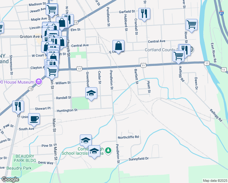map of restaurants, bars, coffee shops, grocery stores, and more near 105 Pendleton Street in Cortland