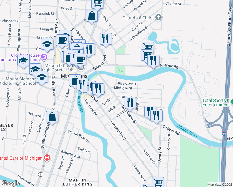 map of restaurants, bars, coffee shops, grocery stores, and more near 87 Dickinson Street in Mount Clemens