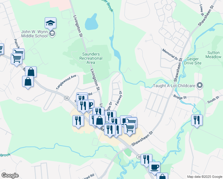 map of restaurants, bars, coffee shops, grocery stores, and more near 82 Eagle Drive in Tewksbury
