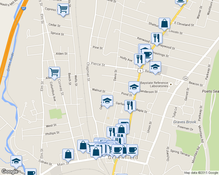 map of restaurants, bars, coffee shops, grocery stores, and more near 202 Davis Street in Greenfield