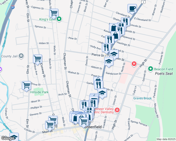 map of restaurants, bars, coffee shops, grocery stores, and more near 32 Abbott Street in Greenfield