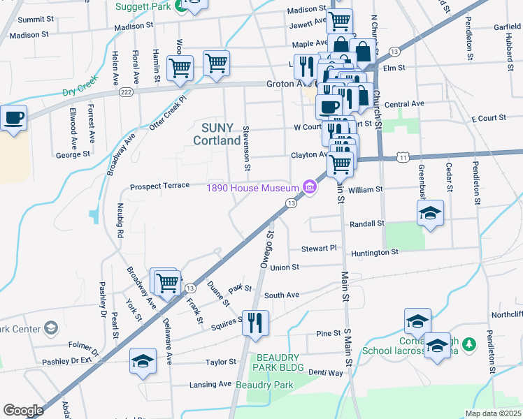 map of restaurants, bars, coffee shops, grocery stores, and more near 68 Tompkins Street in Cortland