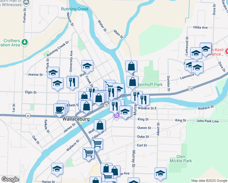 map of restaurants, bars, coffee shops, grocery stores, and more near 222 Wellington Street in Wallaceburg